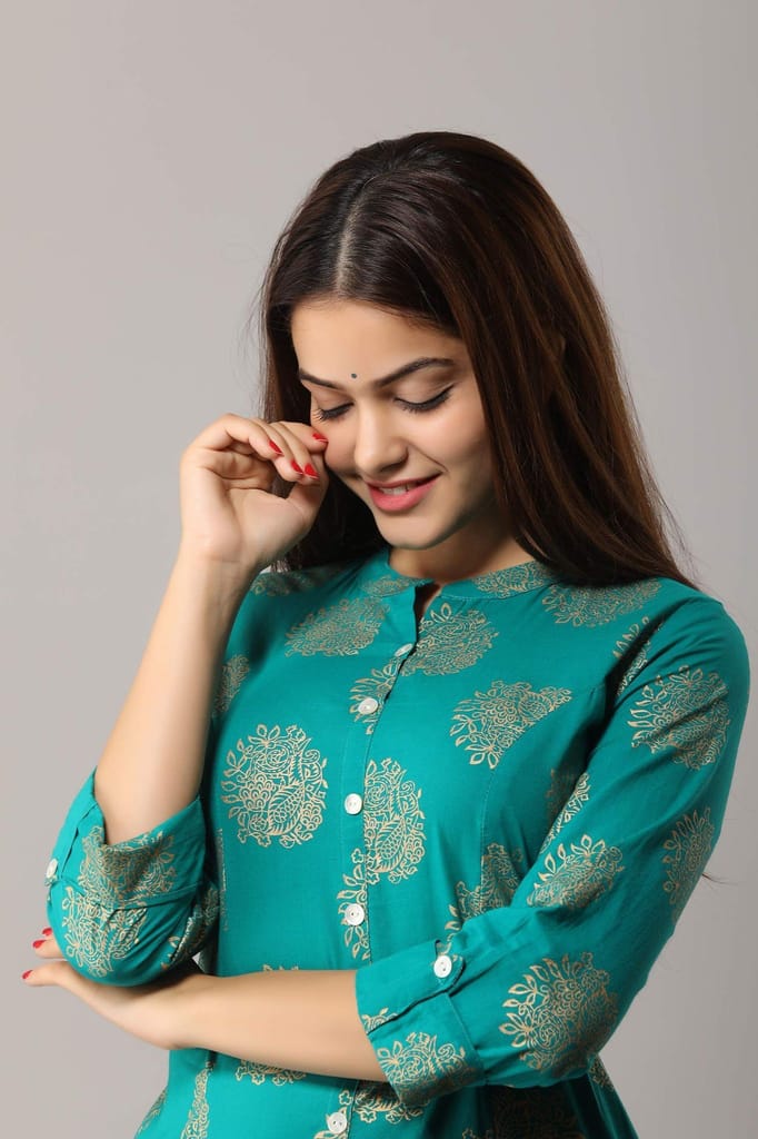 JAIPURETHNICWEAVES Women's Cotton Printed A-Line Kurta (Rama Green)