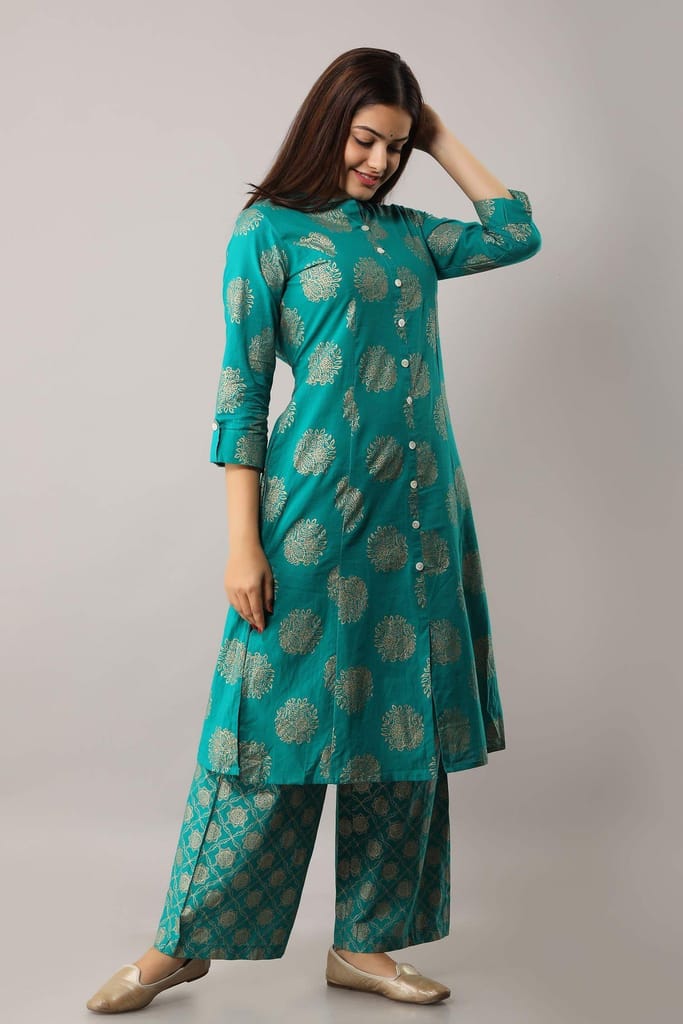 JAIPURETHNICWEAVES Women's Cotton Printed A-Line Kurta (Rama Green)