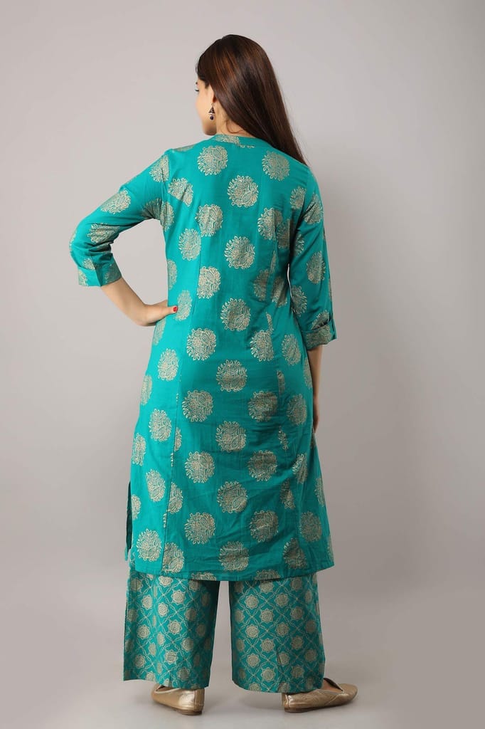 JAIPURETHNICWEAVES Women's Cotton Printed A-Line Kurta (Rama Green)