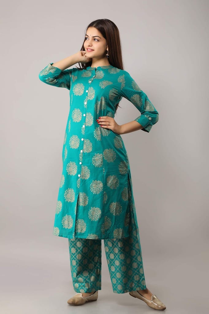 JAIPURETHNICWEAVES Women's Cotton Printed A-Line Kurta (Rama Green)