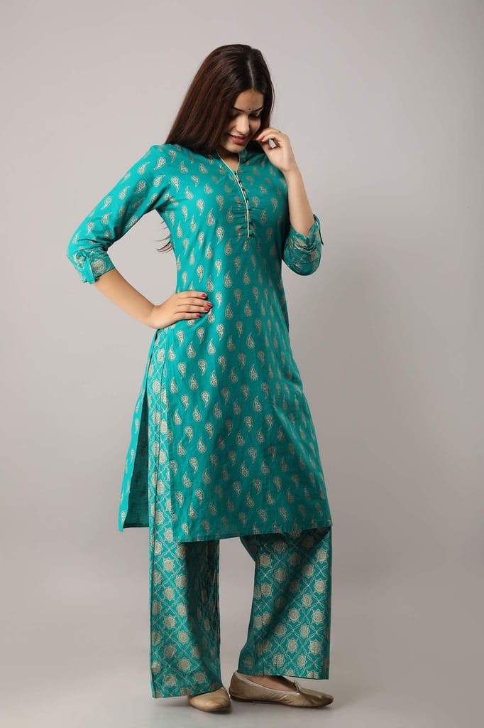 JAIPURETHNICWEAVES Women's Cotton Gold Printed Straight Kurta With Palazzo Set