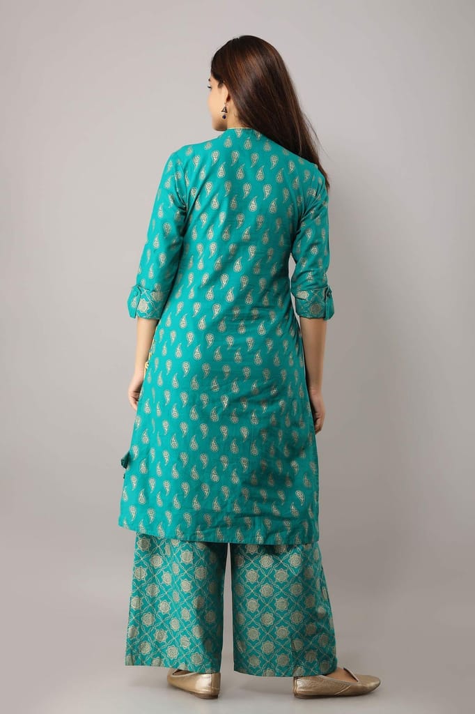 JAIPURETHNICWEAVES Women's Cotton Gold Printed Straight Kurta With Palazzo Set