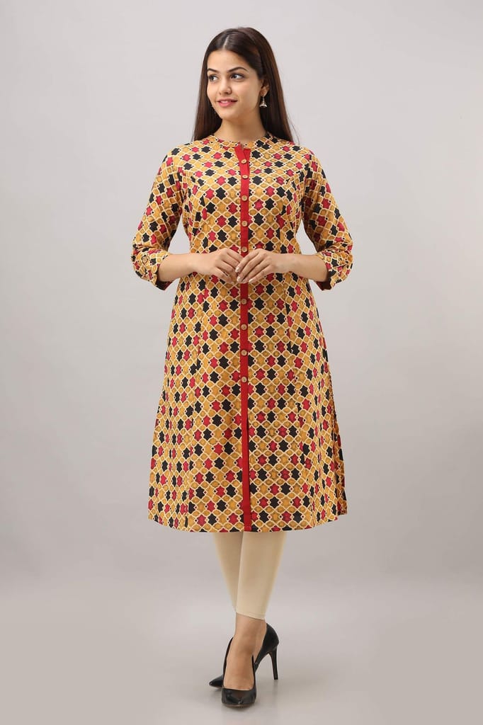 JAIPURETHNICWEAVES Women's Cotton Printed A-Line Kurta (Mustard)