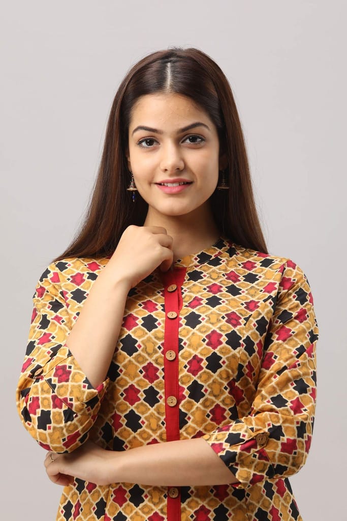 JAIPURETHNICWEAVES Women's Cotton Printed A-Line Kurta (Mustard)