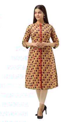 JAIPURETHNICWEAVES Women's Cotton Printed A-Line Kurta (Mustard)