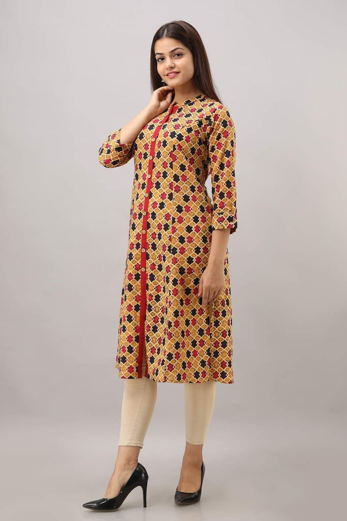 JAIPURETHNICWEAVES Women's Cotton Printed A-Line Kurta (Mustard)
