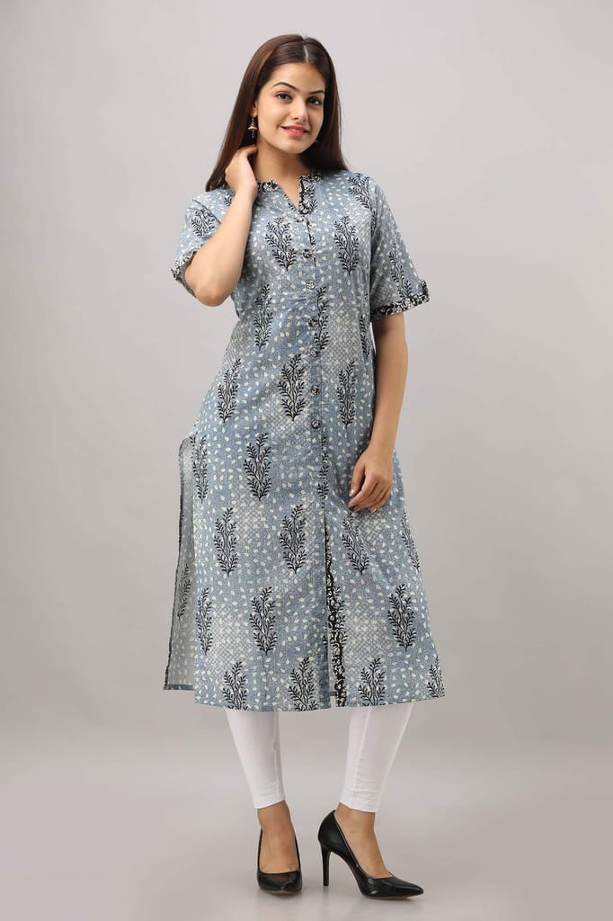 JAIPURETHNICWEAVES Women's Cotton Printed Straight Kurta (Blue)