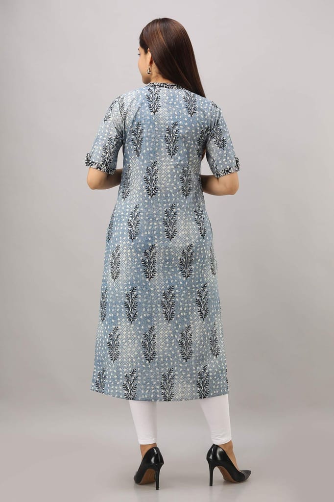 JAIPURETHNICWEAVES Women's Cotton Printed Straight Kurta (Blue)