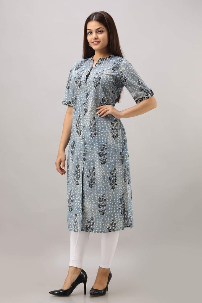 JAIPURETHNICWEAVES Women's Cotton Printed Straight Kurta (Blue)
