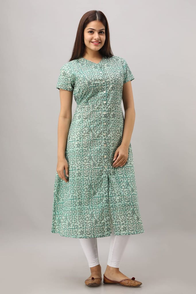 JAIPURETHNICWEAVES Women's Cotton Geometric Printed A-Line Kurta (Green)