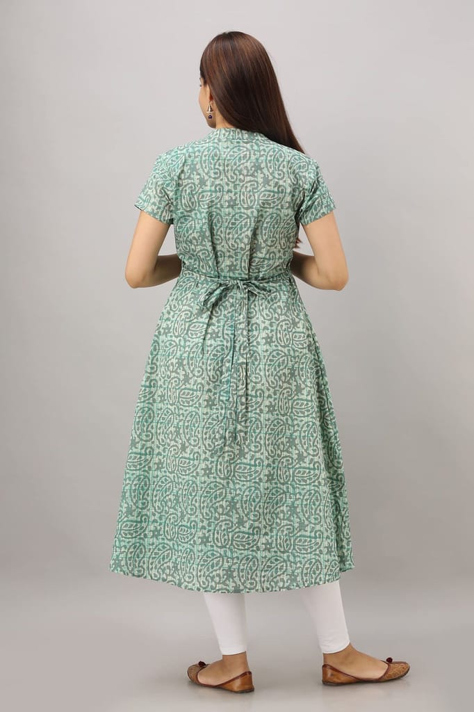 JAIPURETHNICWEAVES Women's Cotton Geometric Printed A-Line Kurta (Green)