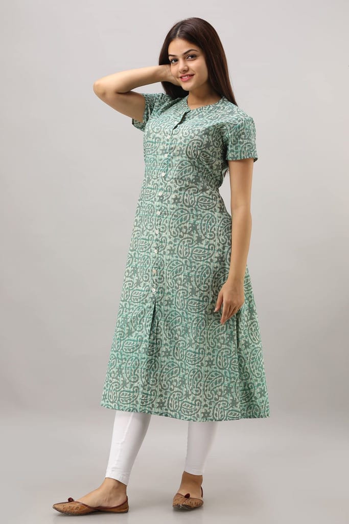 JAIPURETHNICWEAVES Women's Cotton Geometric Printed A-Line Kurta (Green)