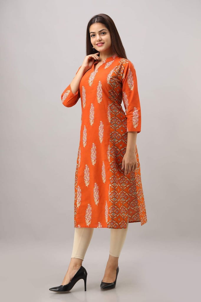 JAIPURETHNICWEAVES Women's Cotton Printed Straight Kurta (Orange)