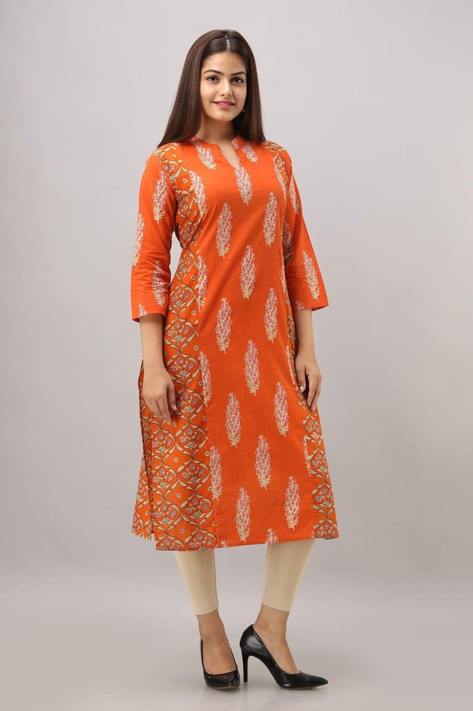 JAIPURETHNICWEAVES Women's Cotton Printed Straight Kurta (Orange)