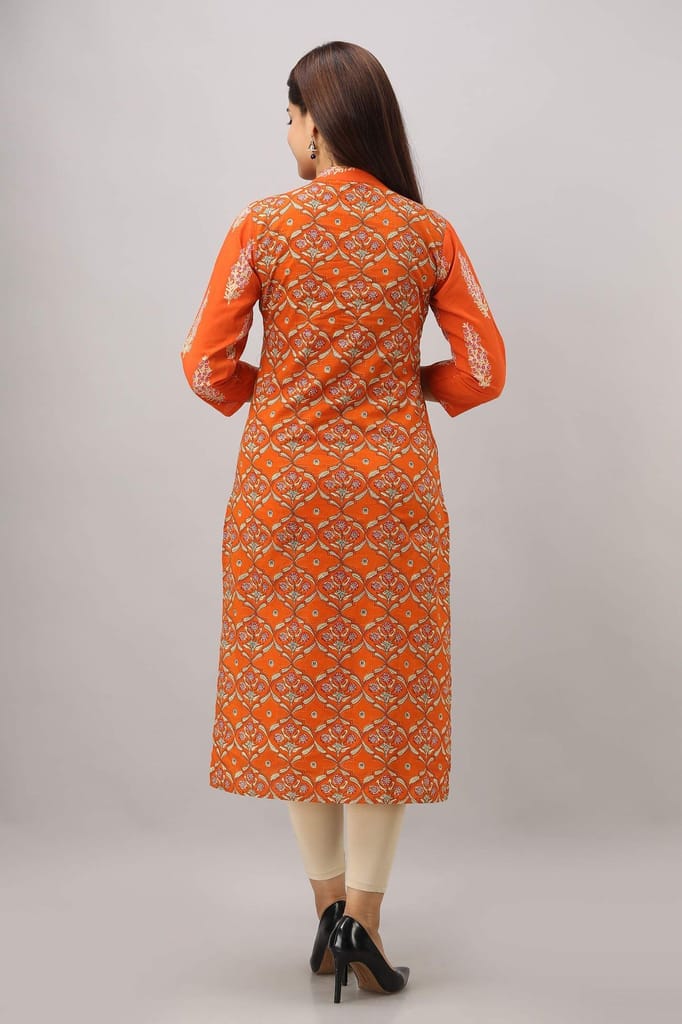 JAIPURETHNICWEAVES Women's Cotton Printed Straight Kurta (Orange)