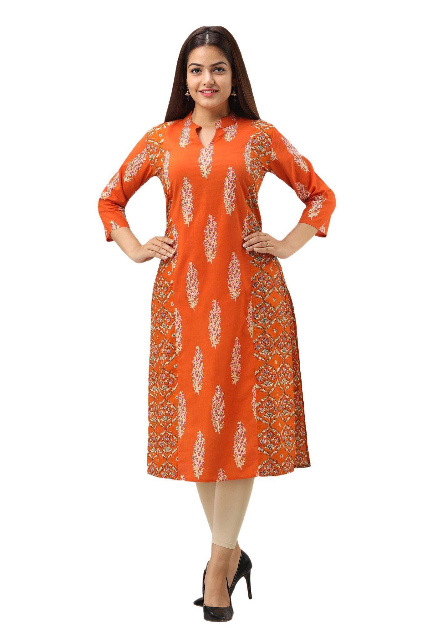 JAIPURETHNICWEAVES Women's Cotton Printed Straight Kurta (Orange)