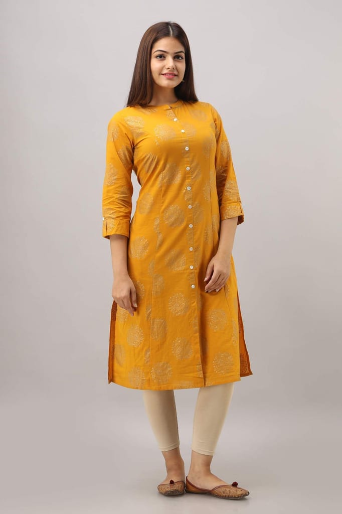 JAIPURETHNICWEAVES Women's Cotton Printed A-Line Kurta (Yellow)