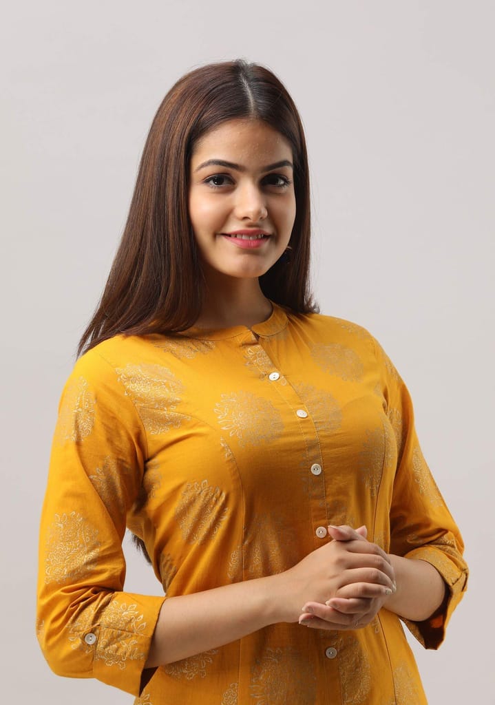 JAIPURETHNICWEAVES Women's Cotton Printed A-Line Kurta (Yellow)