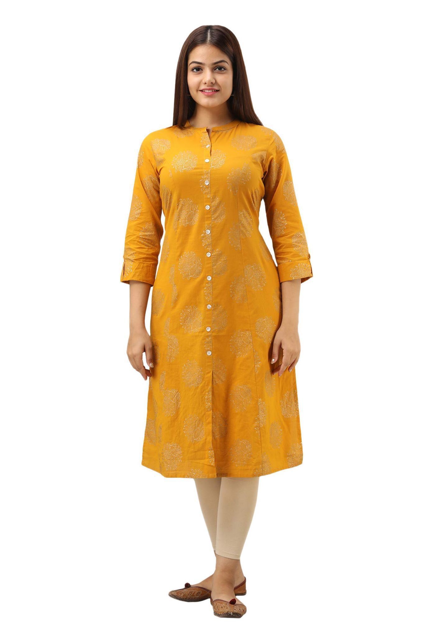 JAIPURETHNICWEAVES Women's Cotton Printed A-Line Kurta (Yellow)
