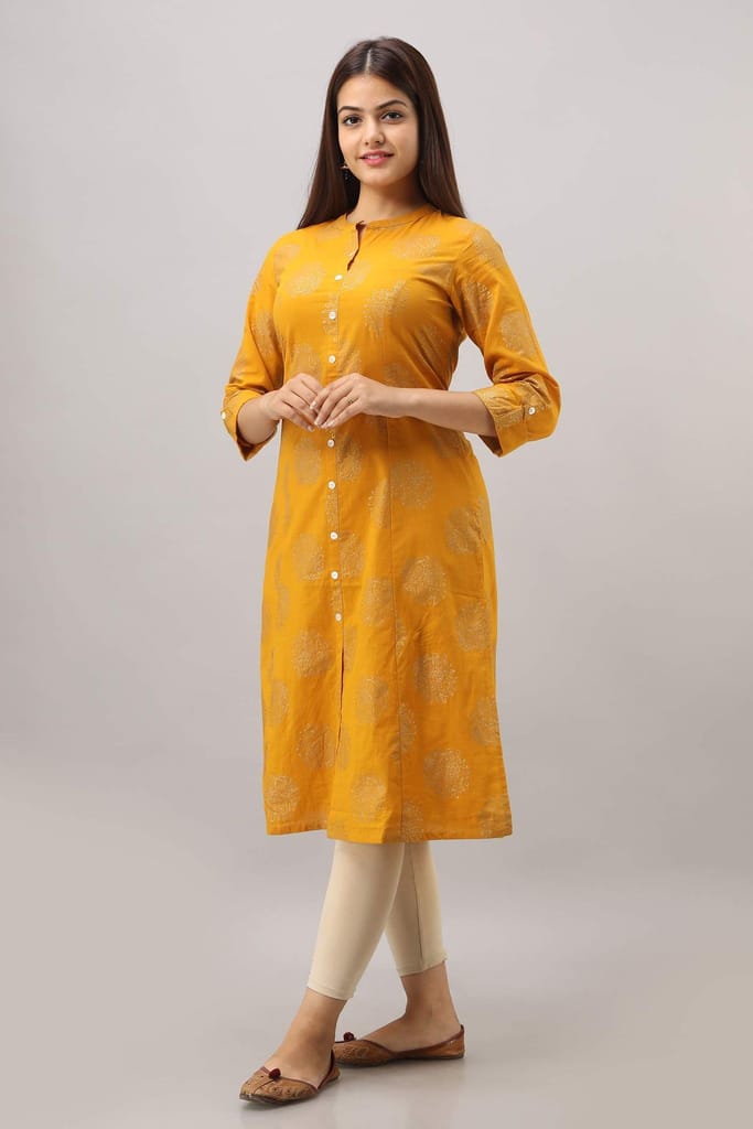 JAIPURETHNICWEAVES Women's Cotton Printed A-Line Kurta (Yellow)