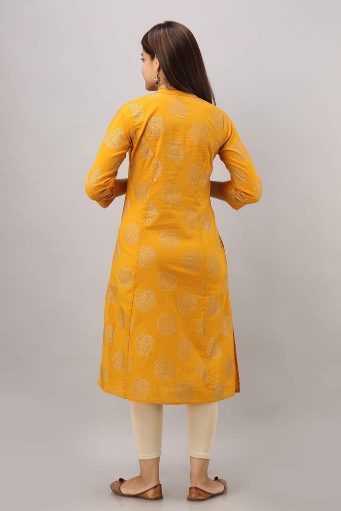 JAIPURETHNICWEAVES Women's Cotton Printed A-Line Kurta (Yellow)
