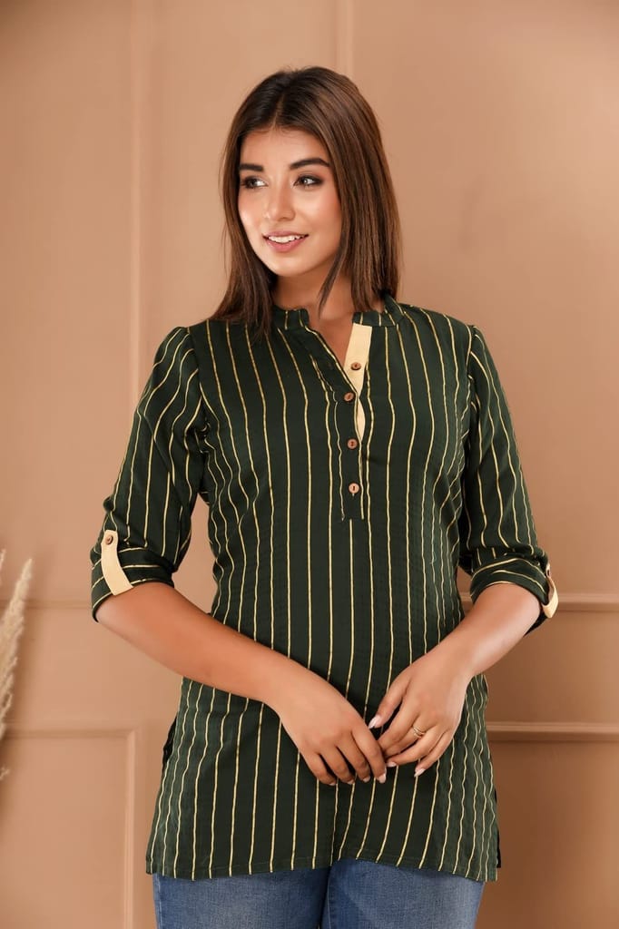 JAIPURETHNICWEAVES Womens Cotton Cambric Stripes Print Straight Tunic (Blue)