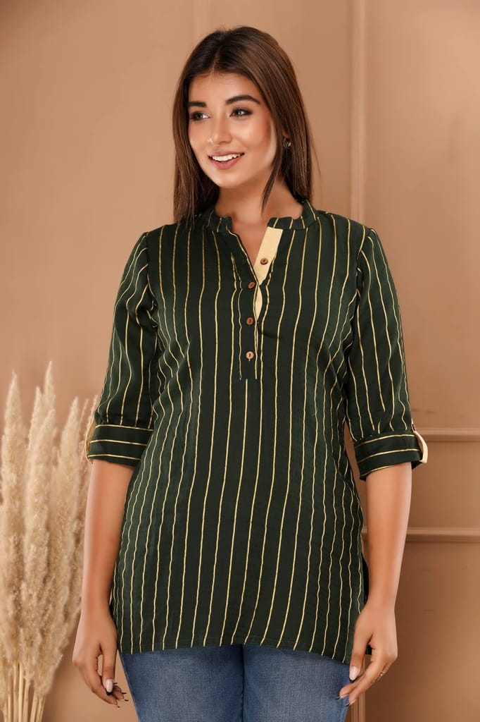 JAIPURETHNICWEAVES Womens Cotton Cambric Stripes Print Straight Tunic (Blue)