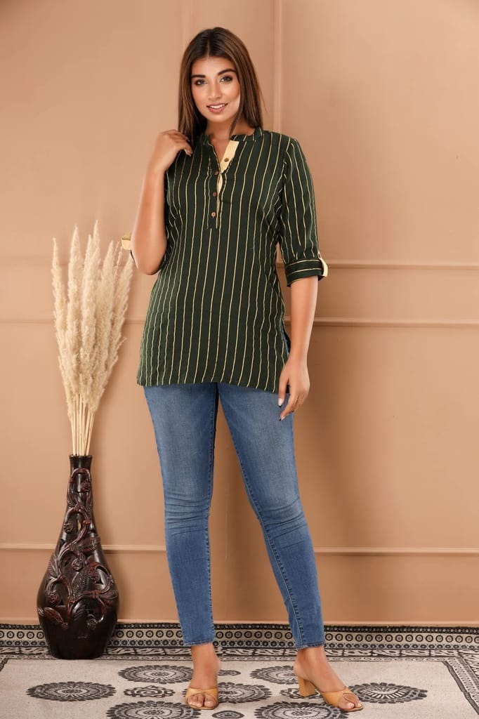 JAIPURETHNICWEAVES Womens Cotton Cambric Stripes Print Straight Tunic (Blue)