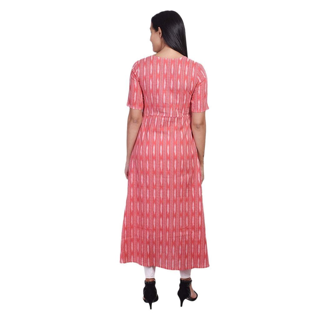 JAIPURETHNICWEAVES Women's Cotton Ikat Printed A-Line Kurta (Mustard & White)