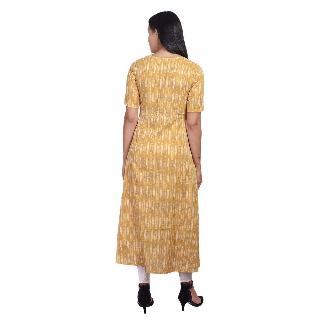 JAIPURETHNICWEAVES Women's Cotton Ikat Printed A-Line Kurta (Mustard & White)