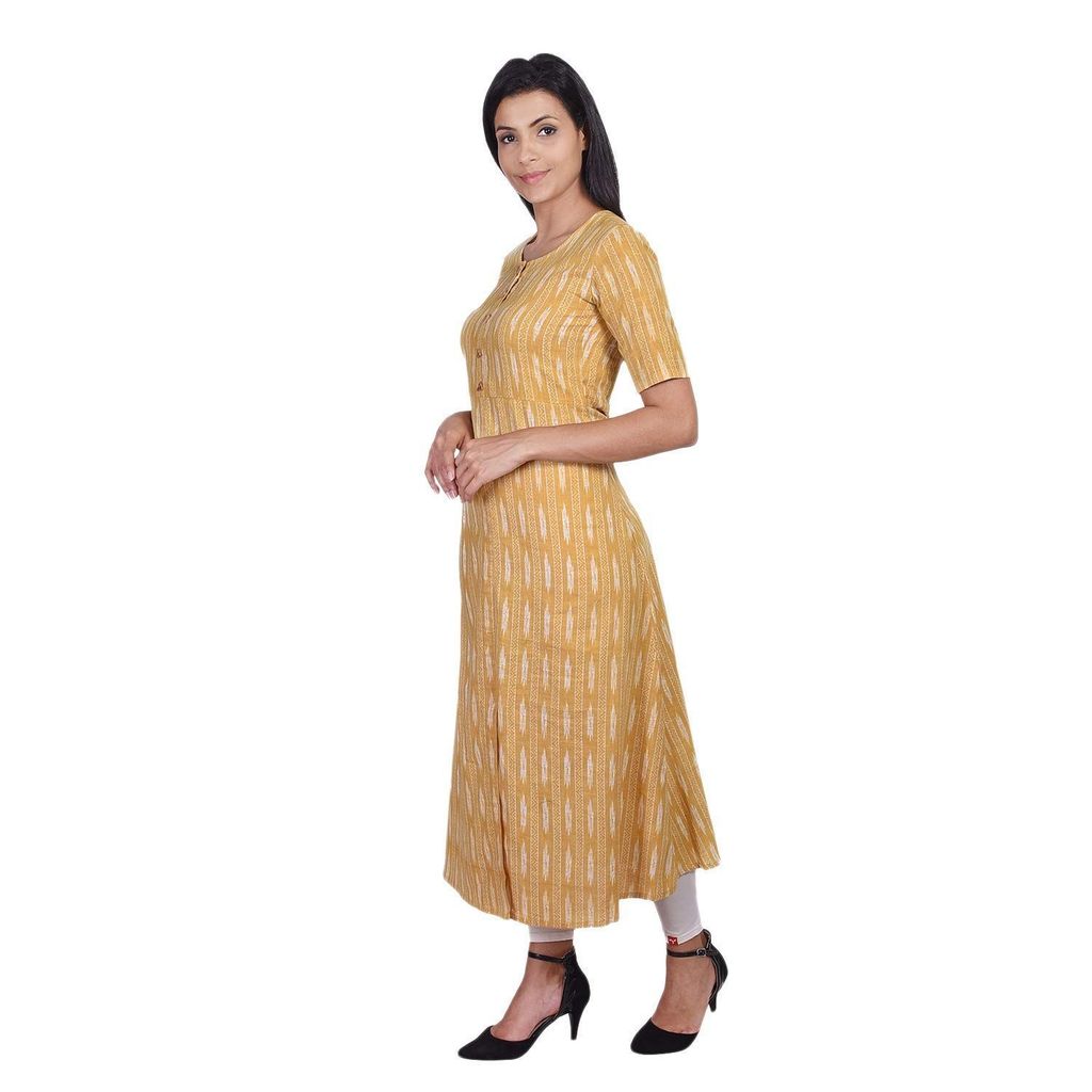 JAIPURETHNICWEAVES Women's Cotton Ikat Printed A-Line Kurta (Mustard & White)