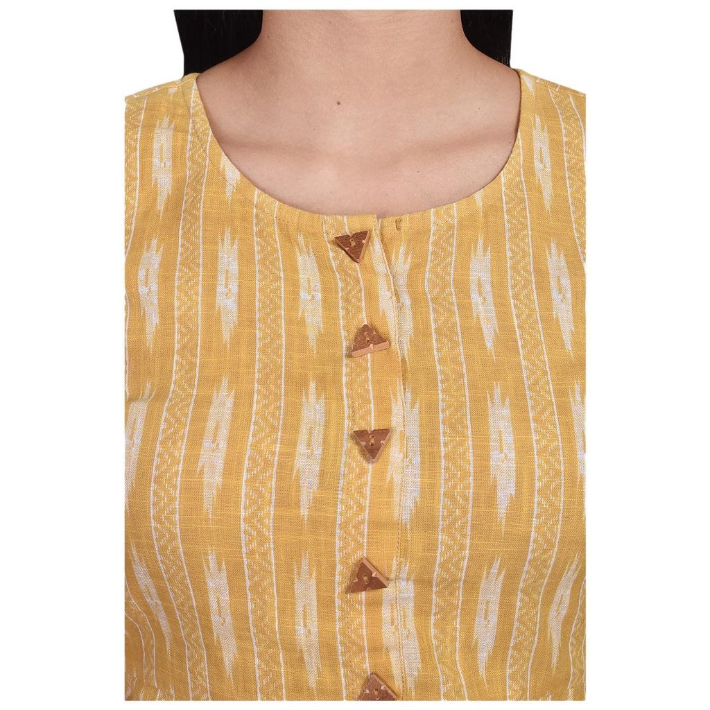 JAIPURETHNICWEAVES Women's Cotton Ikat Printed A-Line Kurta (Mustard & White)