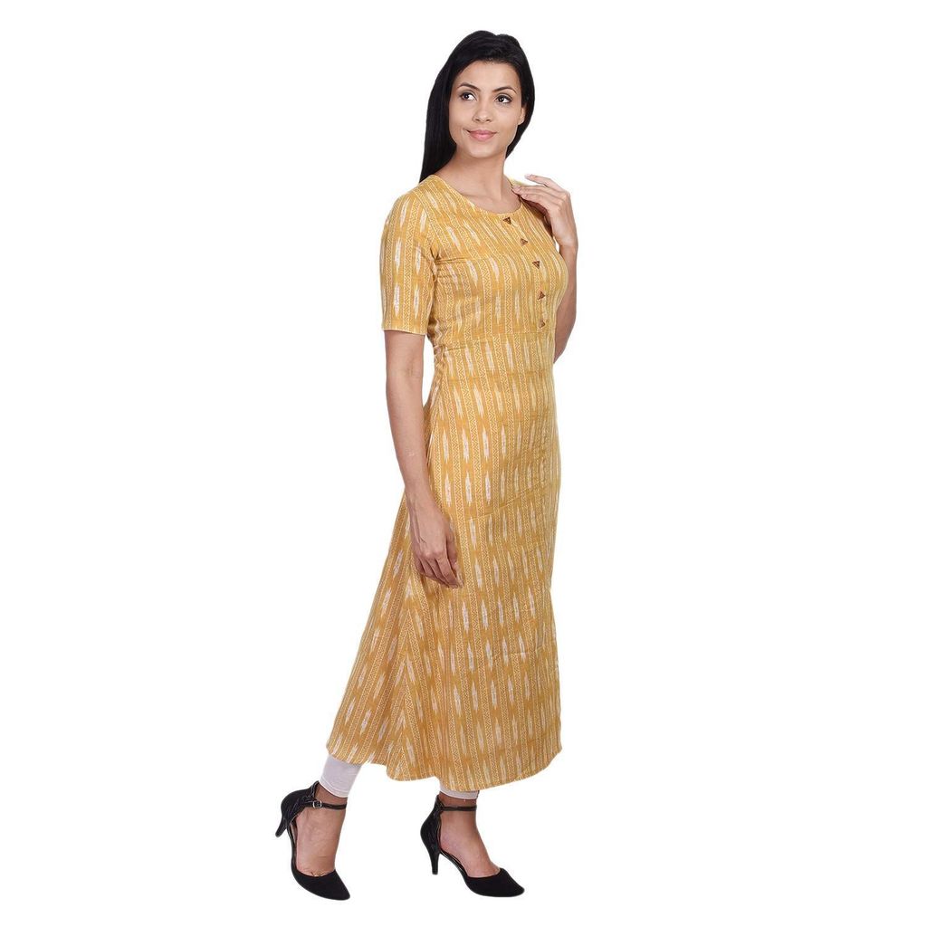 JAIPURETHNICWEAVES Women's Cotton Ikat Printed A-Line Kurta (Mustard & White)
