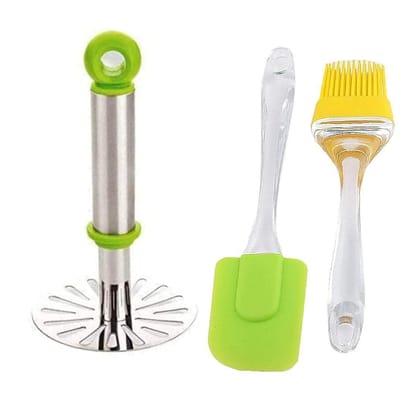 A2DR Kitchen Combo of Stainless Steel Potato Masher and Silicone Spetula & Oil Brush (Pav Bhaji Masher & Spatula and Oil Brush)