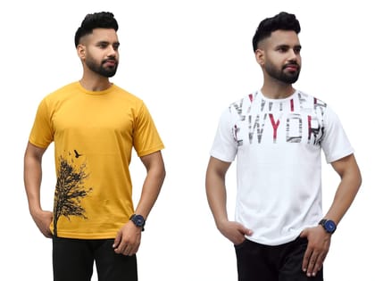 SKYBEN Men's Half Sleeves T Shirt Pack of 2 Combo in Mustard Tree and White Nyork