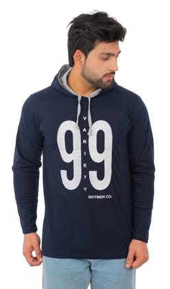 SKYBEN Branded Full Sleeves Hooded 99 Printed T Shirt for Men in Blue M