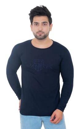 Round Neck Full Sleeves Men's Blue Embroidered T Shirt