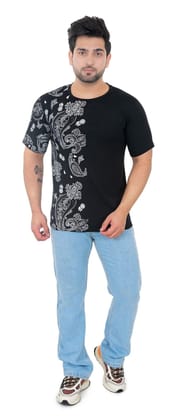 Round Neck Half Sleeves Men's Printed Black T Shirt