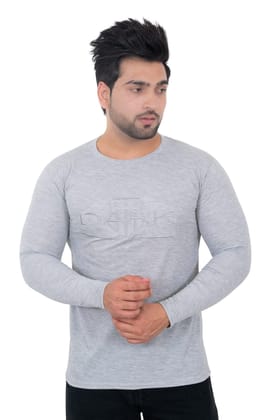 Round Neck Full Sleeves Men's Light Grey Embroidered T Shirt