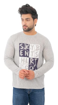SKYBEN Men's Printed Full Sleeves Light Grey Stylish T-Shirt