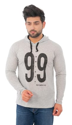 SKYBEN Branded Full Sleeves Hooded 99 Printed T Shirt for Men in Light Grey
