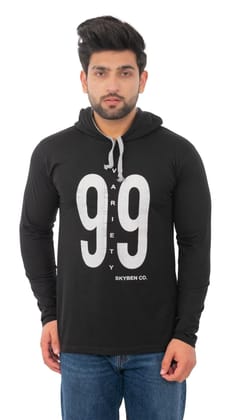 SKYBEN Branded Full Sleeves Hooded 99 Printed T Shirt for Men in Black