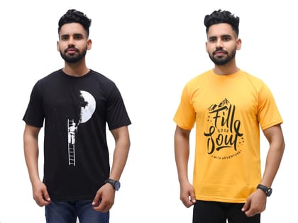 Men's Half Sleeves T Shirt Pack of 2 Combo in Black Moon and Mustard Fill Design