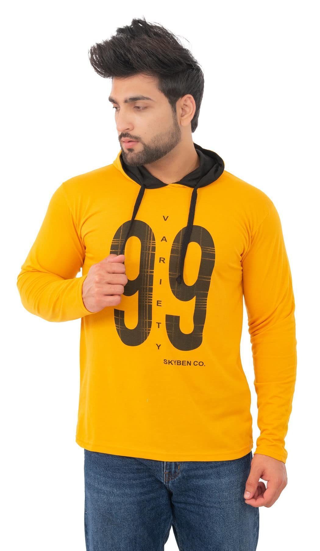 SKYBEN Branded Full Sleeves Hooded 99 Printed T Shirt for Men in Mustard