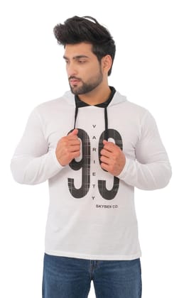 SKYBEN Branded Full Sleeves Hooded 99 Printed T Shirt for Men in White