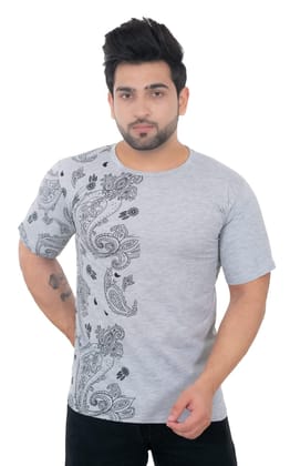 SKYBEN Round Neck Men's Printed Light Grey T Shirt in Poly Cotton Fabric
