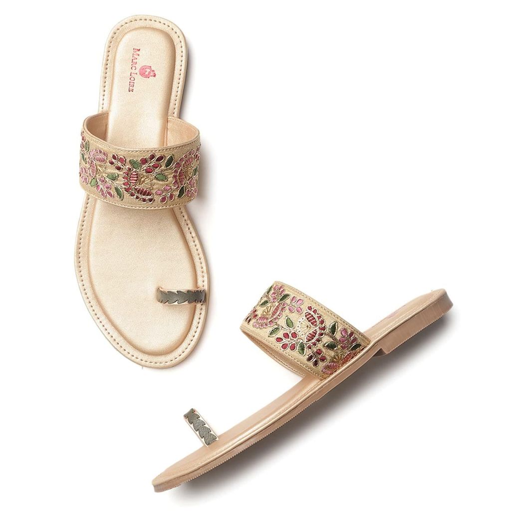 Marc Loire Women's Golden Embroidered Slip On Ethnic Flats Chappals - Ethnic Shoes | Buy online on ZillyBuy