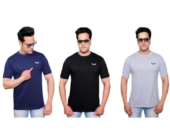 ENCORE FASHION Combo Pack of 3 Men Solid Round Neck Black, Grey, Navy Blue T-Shirt Half Sleeves Stylish Athleisure Gym Active Wear