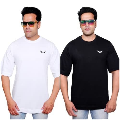 ENCORE FASHION 100% Cotton Breathable Over Sized White & Black Drop Shoulder 3/4 Sleeves T-Shirt Combo