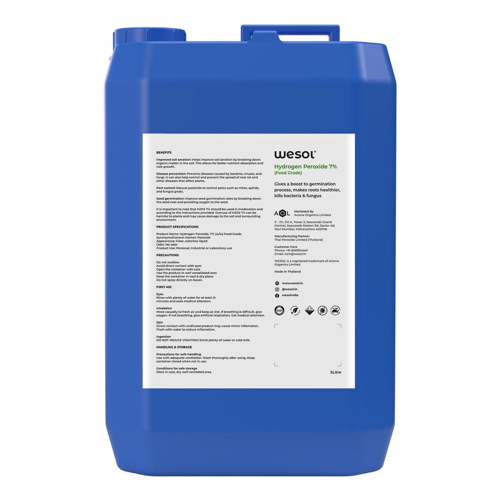 Wesol Hydrogen Peroxide for Plants Hydroponics Gardening Farming Food Grade 7.6% w/w 5 Litre Pack | Best for Cleaning Disinfectant Sterilization